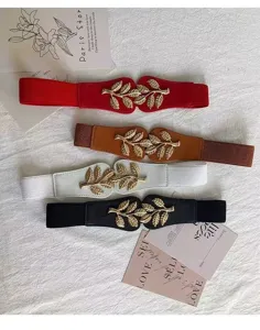 Élégante ceinture élastique avec boucle de feuille dorée pour styliser vos robes.