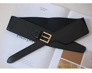 Black wide elastic waist belt for women, vintage PU leather cinch belt for coat dress.