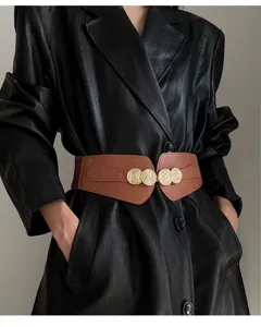 Women elastic wide waist belt fashion corset belt PU leather gold metal buckle dress coat