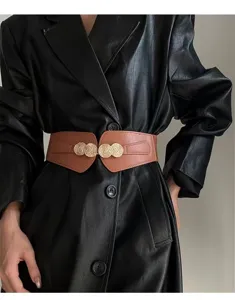 Women elastic wide waist belt with gold coin buckle, stylish fashion leather dress accessory.