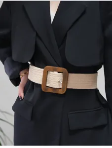 Wide woven belt with large wooden square buckle, stylish casual waist accessory for women.