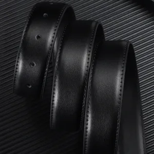Correa de cinturón de cuero genuino negro para hombre, diseño sin hebilla con costuras finas.