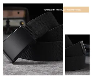 Black woven canvas belt detail showing durable elastic texture and solid metal automatic buckle.