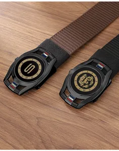 Close-up of men nylon canvas belt with creative watch dial automatic buckle detail.