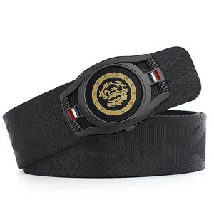 Men's casual nylon canvas belt with stylish dragon automatic buckle and Roman numerals.
