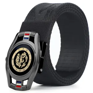 Men's black nylon canvas belt featuring stylish metal dragon buckle for casual outdoor daily wear.