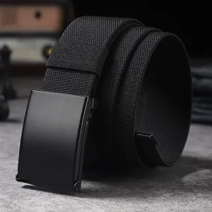 Men women elastic canvas belt with stylish black metal automatic buckle for casual business wear.