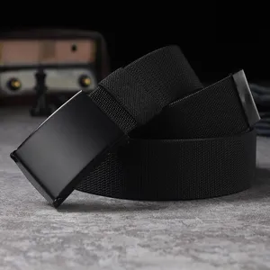 Men's black canvas tactical belt with automatic metal buckle, stretch elastic trouser belt.