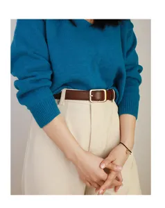 Classic brown leather pin belt with gold square buckle for women, vintage minimalist design style.