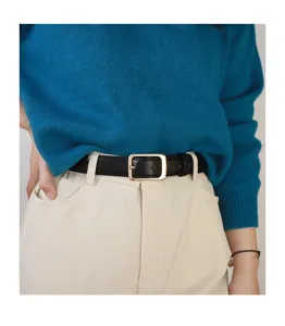 Classic black leather belt with gold square buckle for women, versatile jeans accessory.