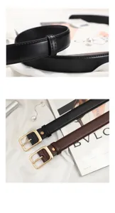 Detail view of minimalist pin buckle leather belt in black and brown, premium leather.