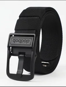 Men tactical black canvas belt detail, durable metal pin buckle, heavy duty daily use.
