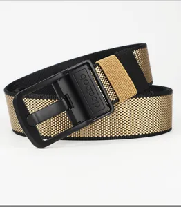 Detailed view of men's tactical canvas belt with black buckle and dual-tone woven strap.