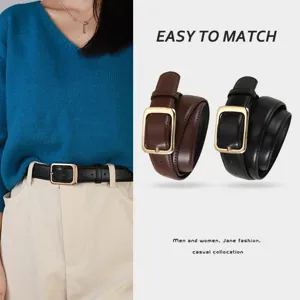 Unisex Vintage Minimalist PU Leather Belt With Gold Square Pin Buckle Casual Retro Waist Belt For Jeans Daily Outfits