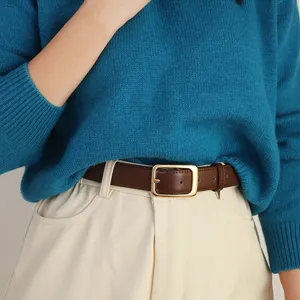 Classic brown leather belt with gold square buckle for women, versatile and stylish daily wear.