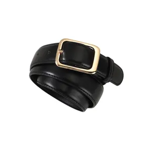 Classic black leather belt featuring gold rectangular pin buckle, perfect for stylish daily wear.