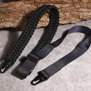 Black paracord tactical strap with metal carabiner and adjustable buckle for outdoor gear.