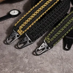 Paracord keychain with heavy duty metal carabiner, tactical woven lanyard for outdoor use.