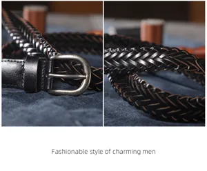 Detailed view of handmade braided leather belt with metal buckle, versatile casual style for men.