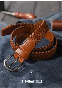 Brown braided leather belt for men and women, vintage pin buckle pants strap, casual daily wear.