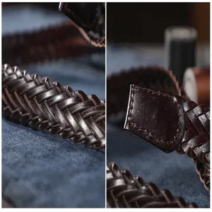 Close-up detail of a dark brown handmade woven leather belt, showing fine texture and quality.