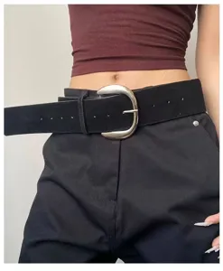 Retro black suede belt Y2K style with silver metal buckle high waist detail view fashion