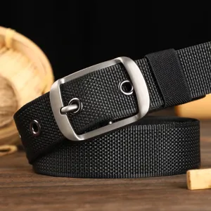 Men black canvas belt with metal pin buckle and eyelets, casual fashion waist strap for jeans.