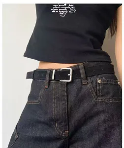 Women's slim black belt with silver metal buckle, minimalist retro style daily wear.