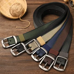 Men's casual canvas belt with metal pin buckle, durable woven fabric strap for jeans.
