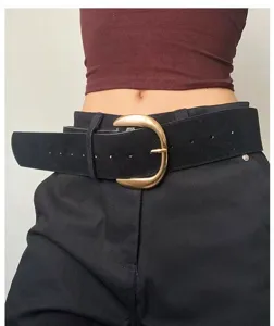 Retro suede women belt Y2K high waist fashion wide belt with elegant gold buckle detail