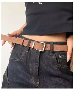 Women retro brown slim belt with metal buckle stylish waist accessory daily wear fashion new style