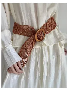 Handmade macrame woven belt detail, brown cord waist strap with round wooden buckle
