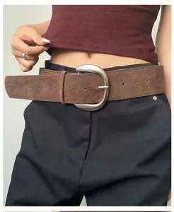 Retro brown suede belt detail showing large silver metal buckle for women daily wear
