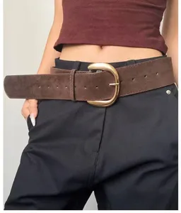Retro suede wide belt for women, featuring a large golden buckle and vintage Y2K aesthetic style.