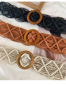 Bohemian handmade wax rope woven belt with round wooden buckle, stylish dress accessory.