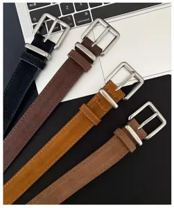 Vintage brown leather belt set detailed close-up, retro metal buckle daily wear accessory