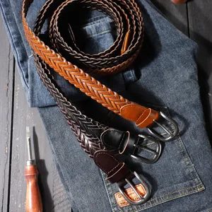 Handmade braided leather belt casual vintage metal pin buckle waist strap for men and women