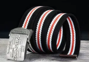 Cinturón de lona casual para hombre con diseño de rayas y hebilla metálica diaria