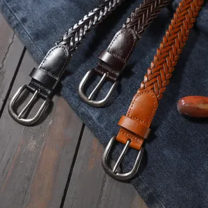 Handmade woven leather belt for men and women, casual vintage pin buckle waist belt design.