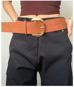Retro wide suede waist belt with a large metal buckle, stylish Y2K fashion accessory.