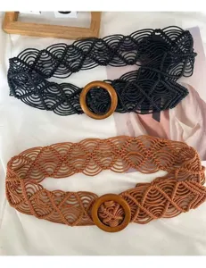 Bohemian hand-woven belt detail, featuring wax rope texture and natural wood ring buckle.