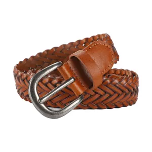 Handmade braided brown leather belt with metal buckle, casual vintage trouser belt for all.