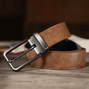 Retro brown leather belt with metal pin buckle, casual everyday jeans belt for men and women.