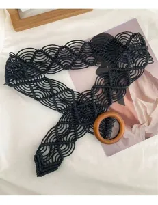 Bohemian handmade black wax rope woven belt with a natural wooden ring buckle fashion dress sash