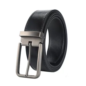 Classic black leather belt with silver pin buckle, elegant daily waist accessory main view.