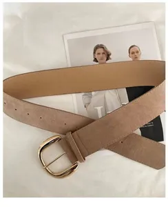 Retro suede women belt minimalist style high waist design with gold buckle for casual daily use.