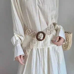 Boho handmade woven belt for women with wooden buckle chic bohemian dress accessory summer
