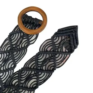 Bohemian ethnic hand-woven black cord belt with round wooden buckle for stylish dress decoration
