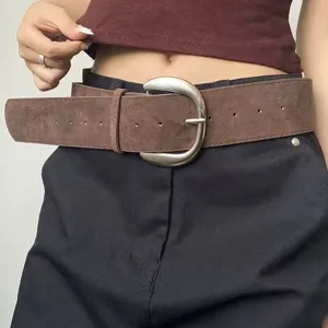 Retro brown suede waist belt for women, featuring a large silver buckle, Y2K style main view.