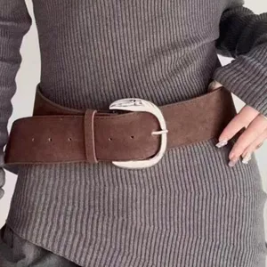 Retro suede wide waist belt for women, Y2K high waist slimming design with a chic silver buckle.